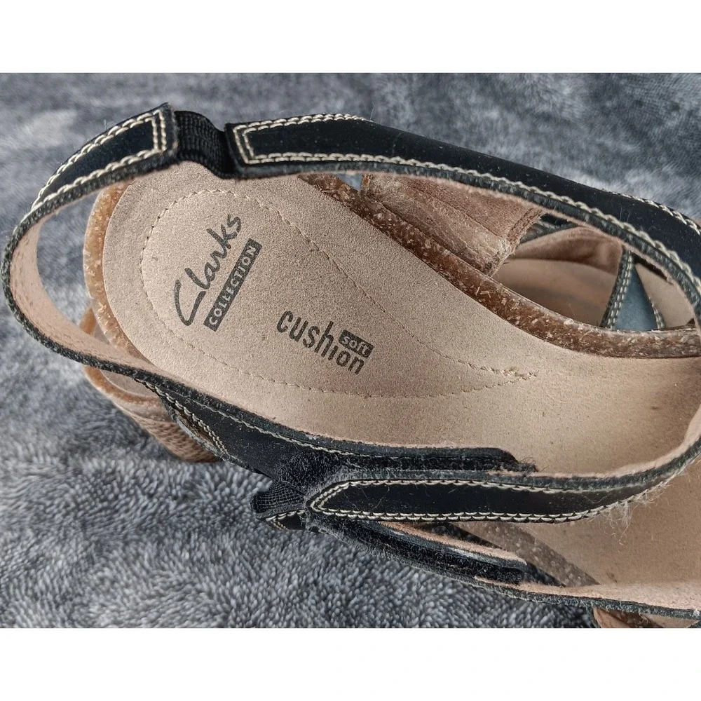 Clarks Collection Women Black‎ Leather Wedge Sandals Comfort Soft Cushion Size 8